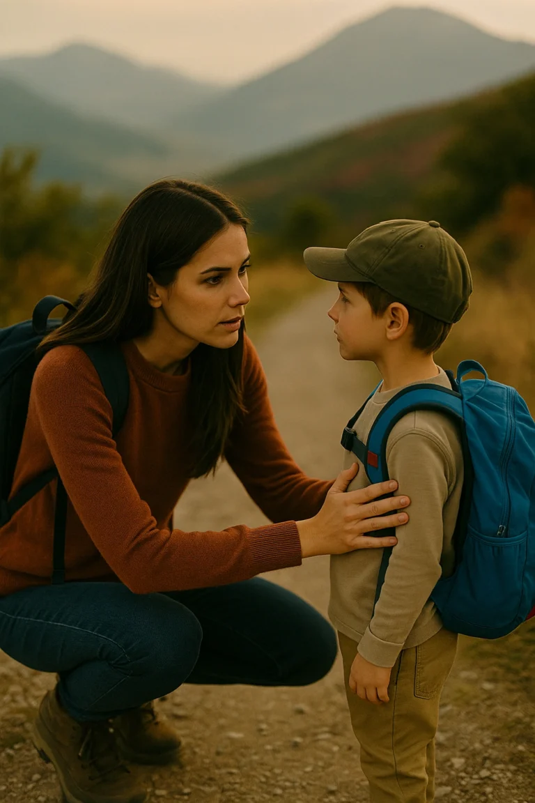 HOME hiking safety for kids -Mother giving young son instructions on trail safety