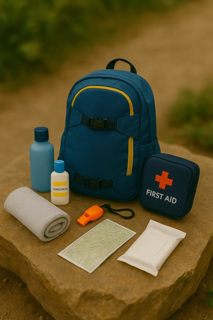 essential hiking gear for kids - layout of items a child might need in their pack