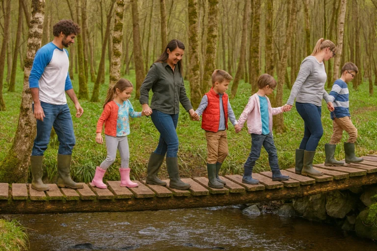 HOME outdoor skills for kids - children learning an outdoor activity by crossing an unsteady but safe bridge
